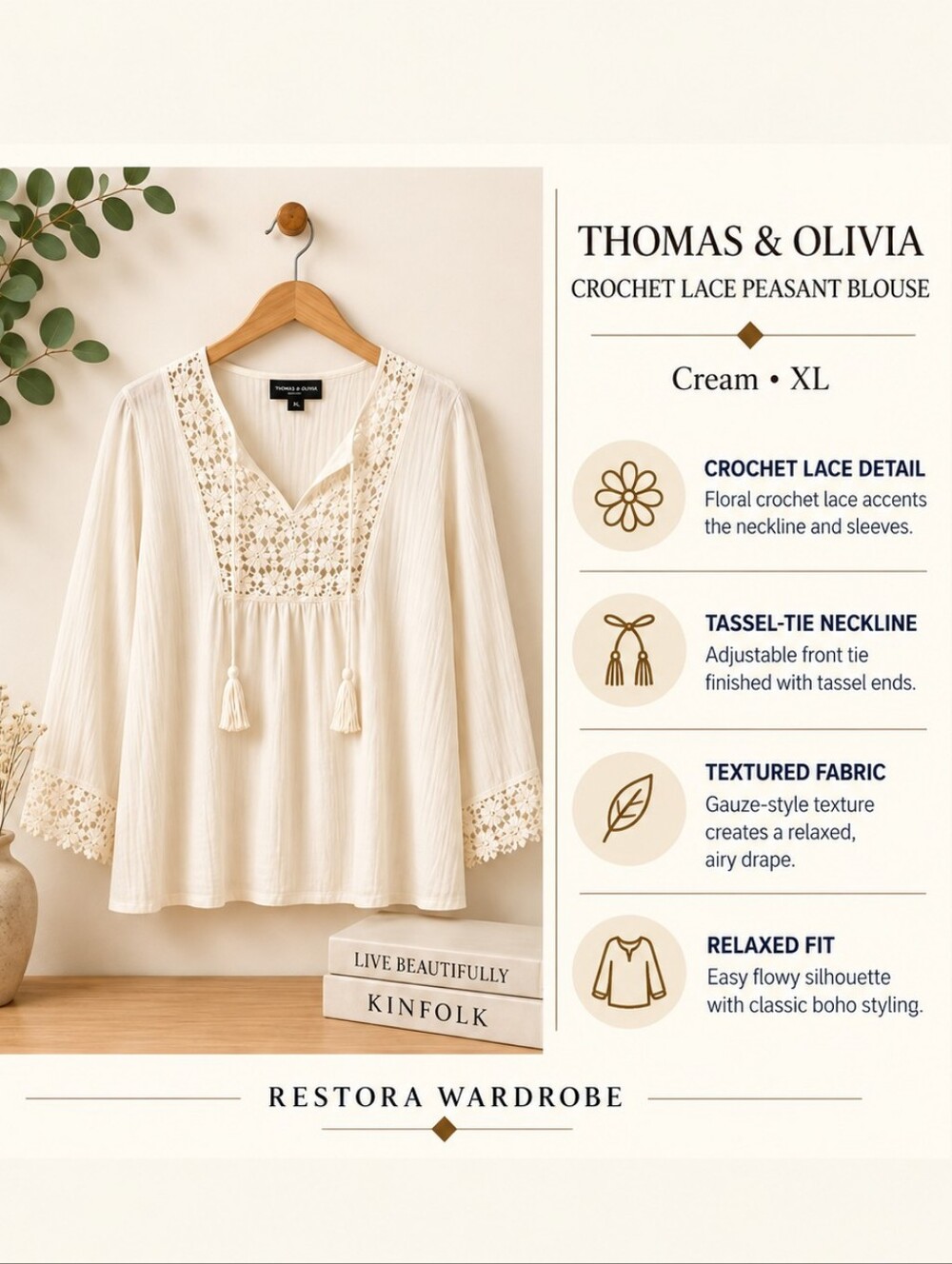 Thomas & Olivia Peasant Blouse Cream Crochet Lace Tassel XL Boho